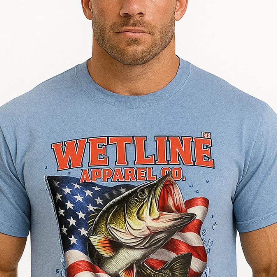 Wetline Apparel Co American Bass Men's Graphic T-Shirt, Fishing Wear Heavy Cotton Short Sleeves Tee, S-5XL