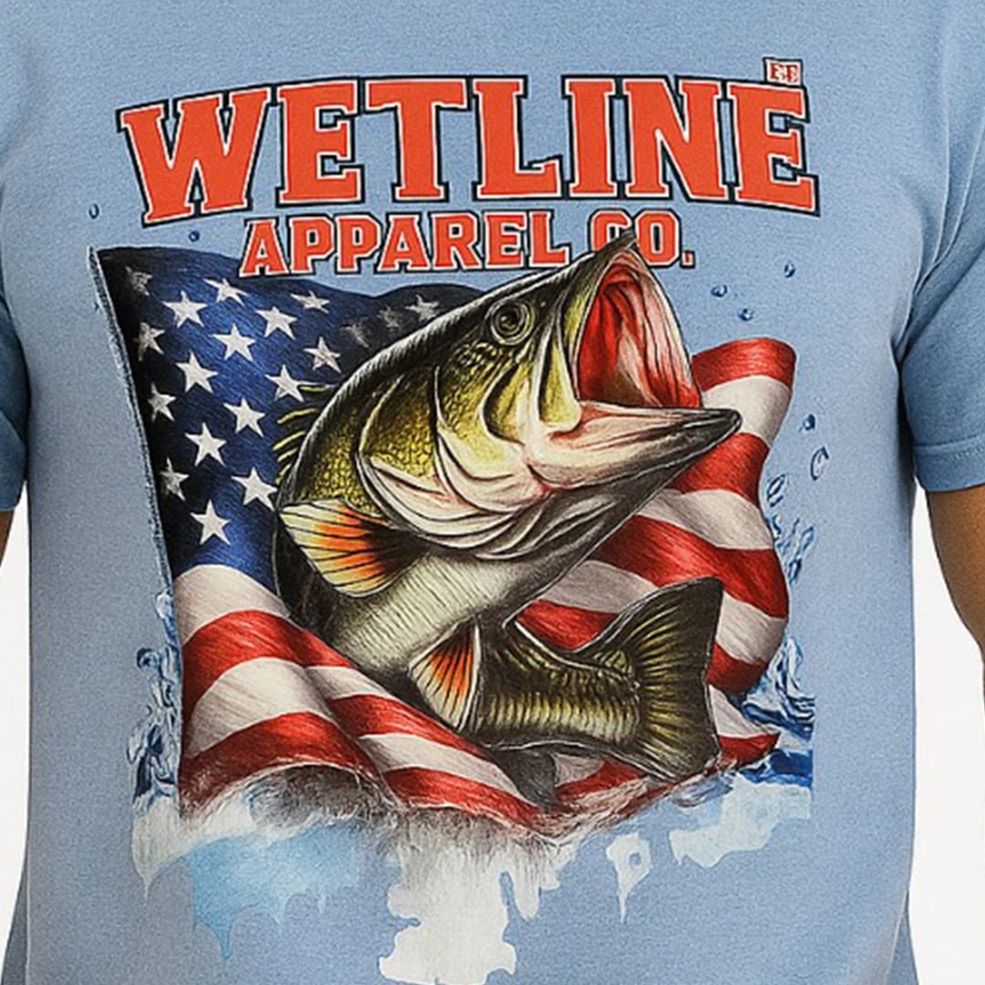 Wetline Apparel Co American Bass Men's Graphic T-Shirt, Fishing Wear Heavy Cotton Short Sleeves Tee, S-5XL