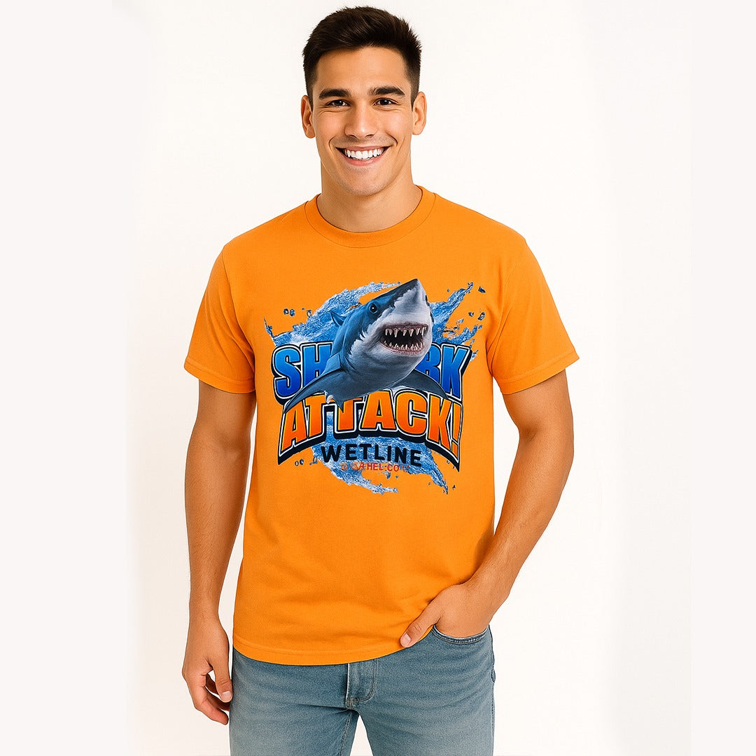 Wetline Apparel Co Shark Attack Male's Graphic T-Shirt, Fishing Wear Heavy Cotton Short Sleeves Tee, S-5XL