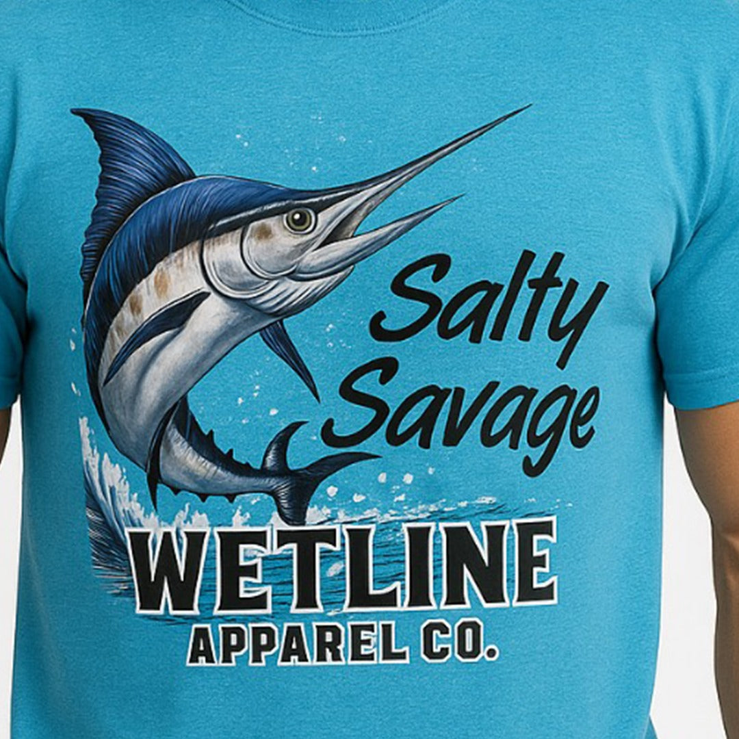 Wetline Apparel Co Salty Savage Sailfish Male's Graphic T-Shirt, Fishing Wear Heavy Cotton Short Sleeves Tee, S-5XL