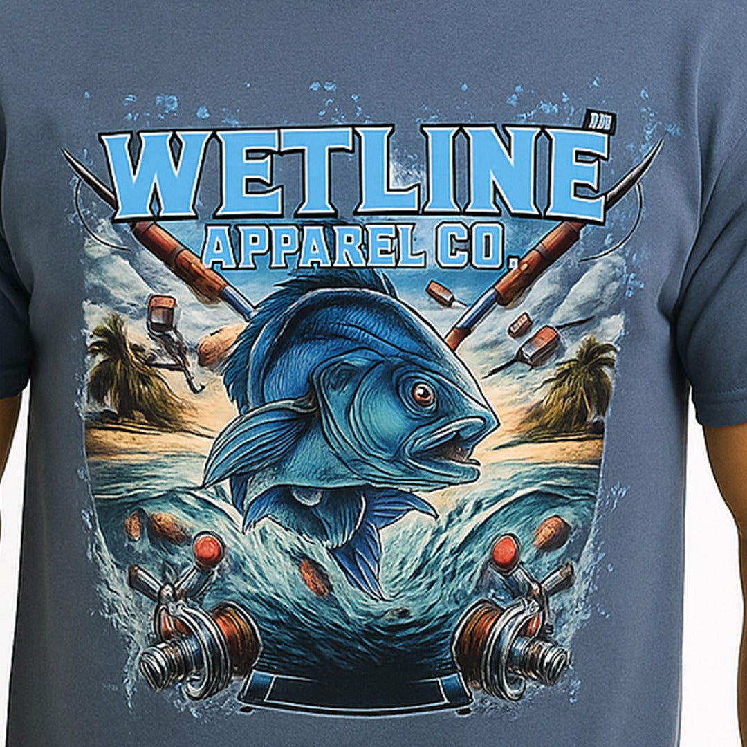 Wetline Apparel Co Blue Bass Men's Graphic T-Shirt, Fishing Wear Heavy Cotton Short Sleeves Tee, S-5XL