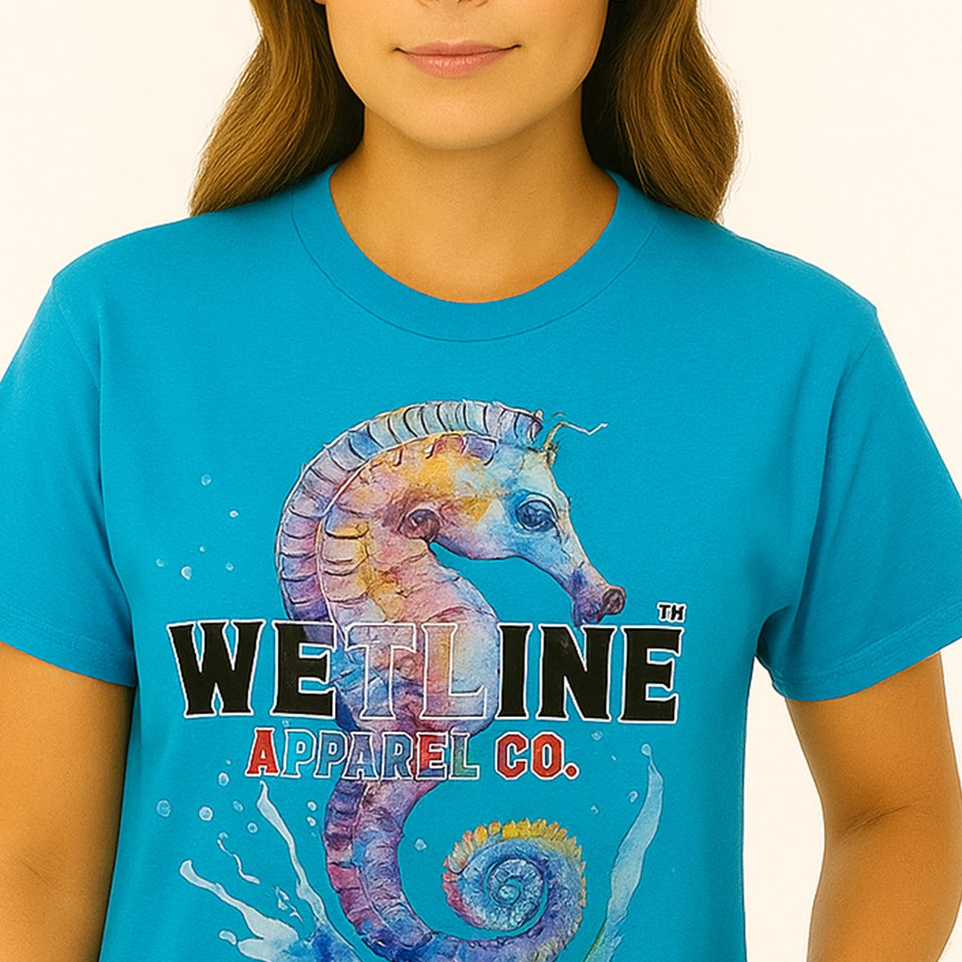 Wetline Apparel Co Seahorse Female's Graphic T-Shirt, Fishing Wear Heavy Cotton Short Sleeves Tee, S-5XL