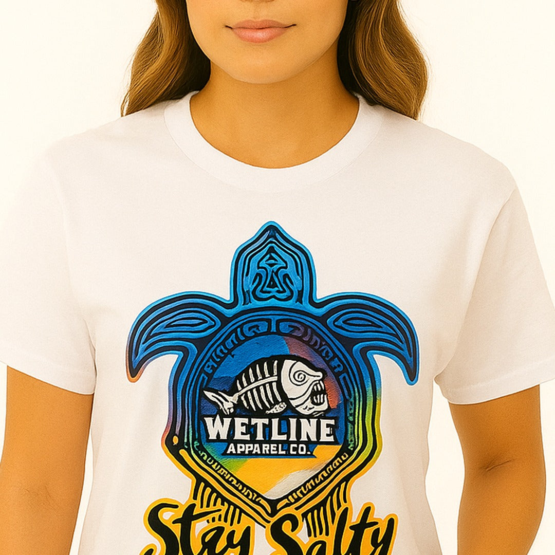 Wetline Apparel Co Stay Salty Turtle Female's Graphic T-Shirt, Fishing Wear Heavy Cotton Short Sleeves Tee, S-5XL