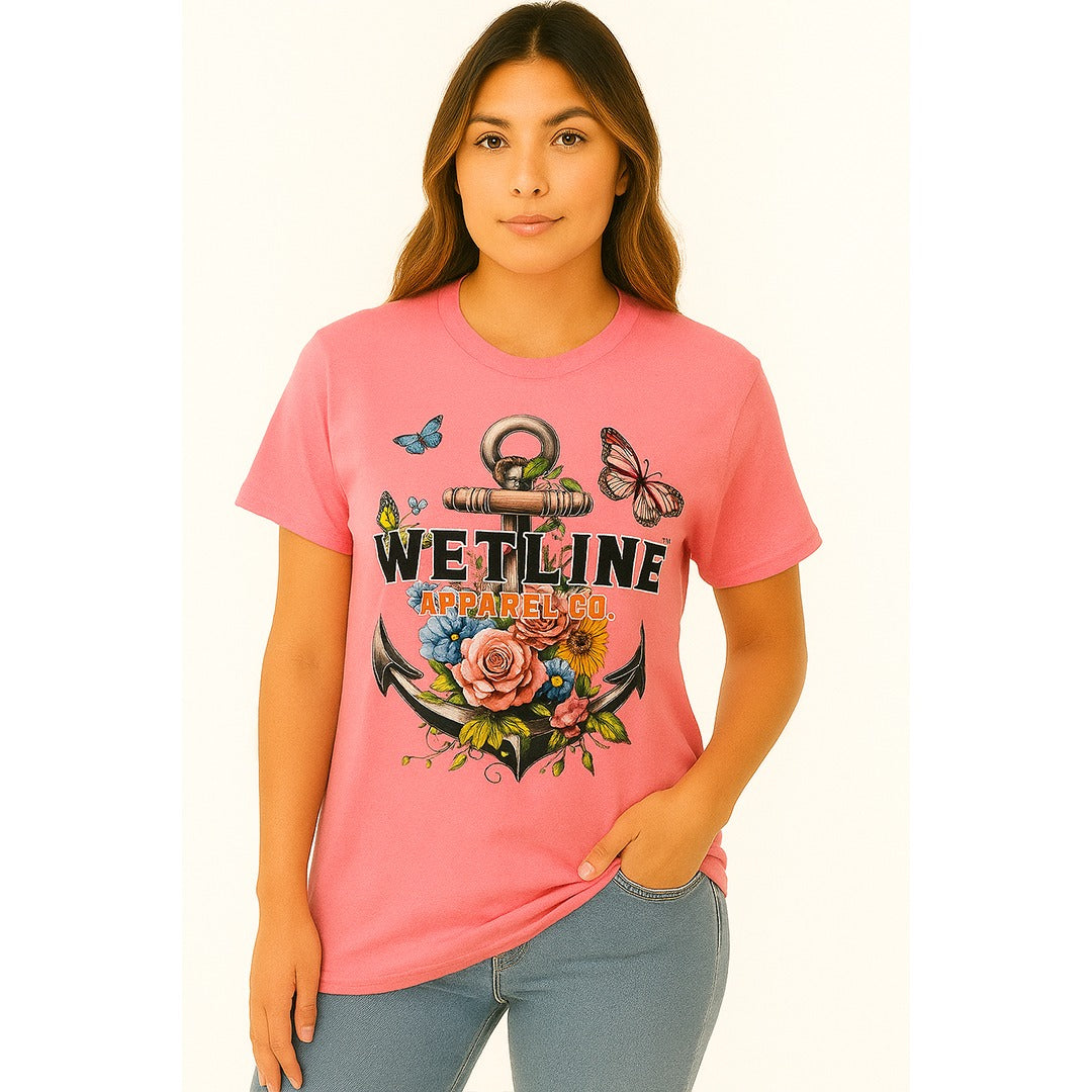 Wetline Apparel Co Flower Anchor Female's Graphic T-Shirt, Fishing Wear Heavy Cotton Short Sleeves Tee, S-5XL