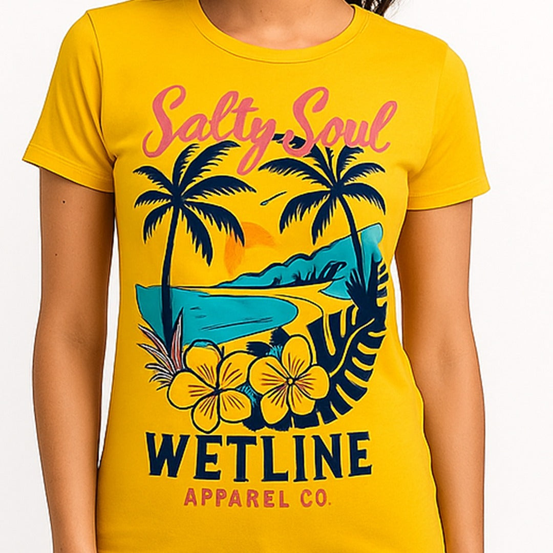 Wetline Apparel Co Salty Soul Palm Tree Female's Graphic T-Shirt, Fishing Wear Heavy Cotton Short Sleeves Tee, S-5XL