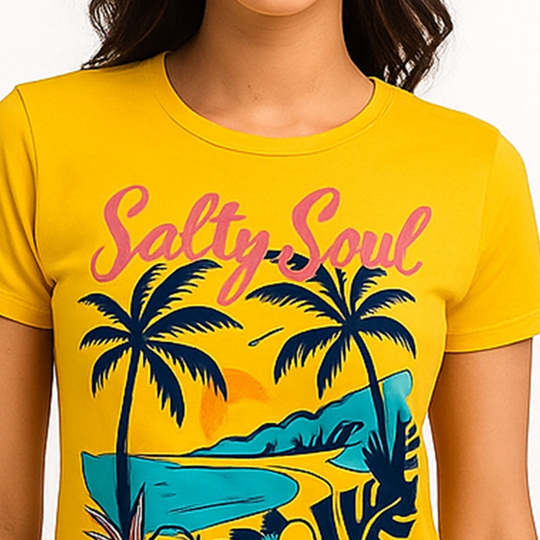 Wetline Apparel Co Salty Soul Palm Tree Female's Graphic T-Shirt, Fishing Wear Heavy Cotton Short Sleeves Tee, S-5XL