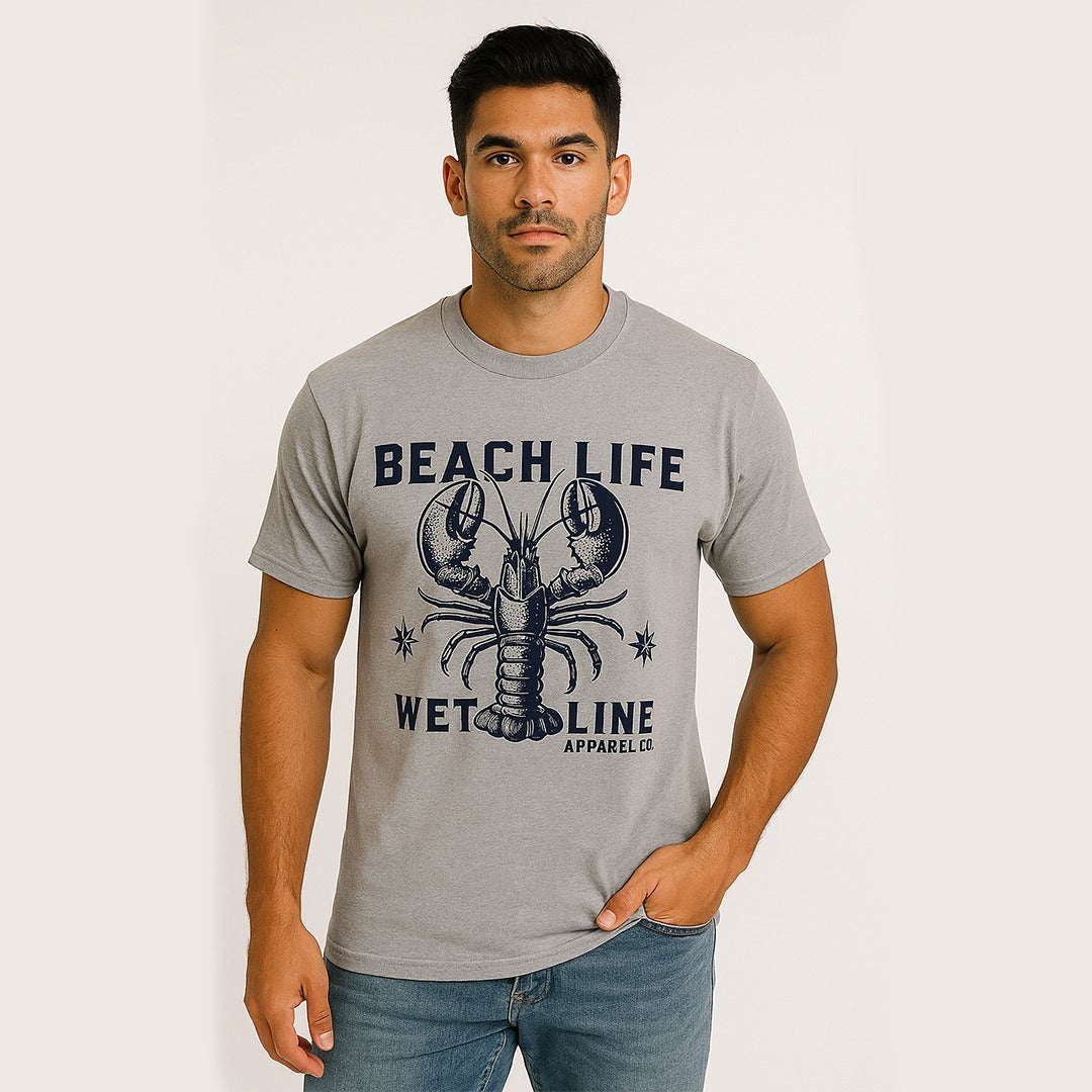 Wetline Apparel Co Beach Life Lobster Male's Graphic T-Shirt, Fishing Wear Heavy Cotton Short Sleeves Tee, S-5XL