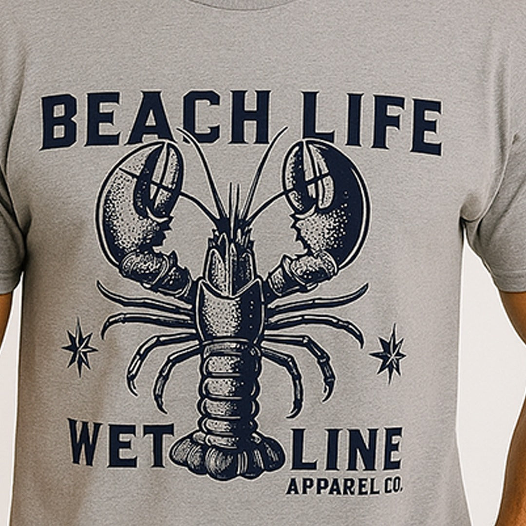 Wetline Apparel Co Beach Life Lobster Male's Graphic T-Shirt, Fishing Wear Heavy Cotton Short Sleeves Tee, S-5XL