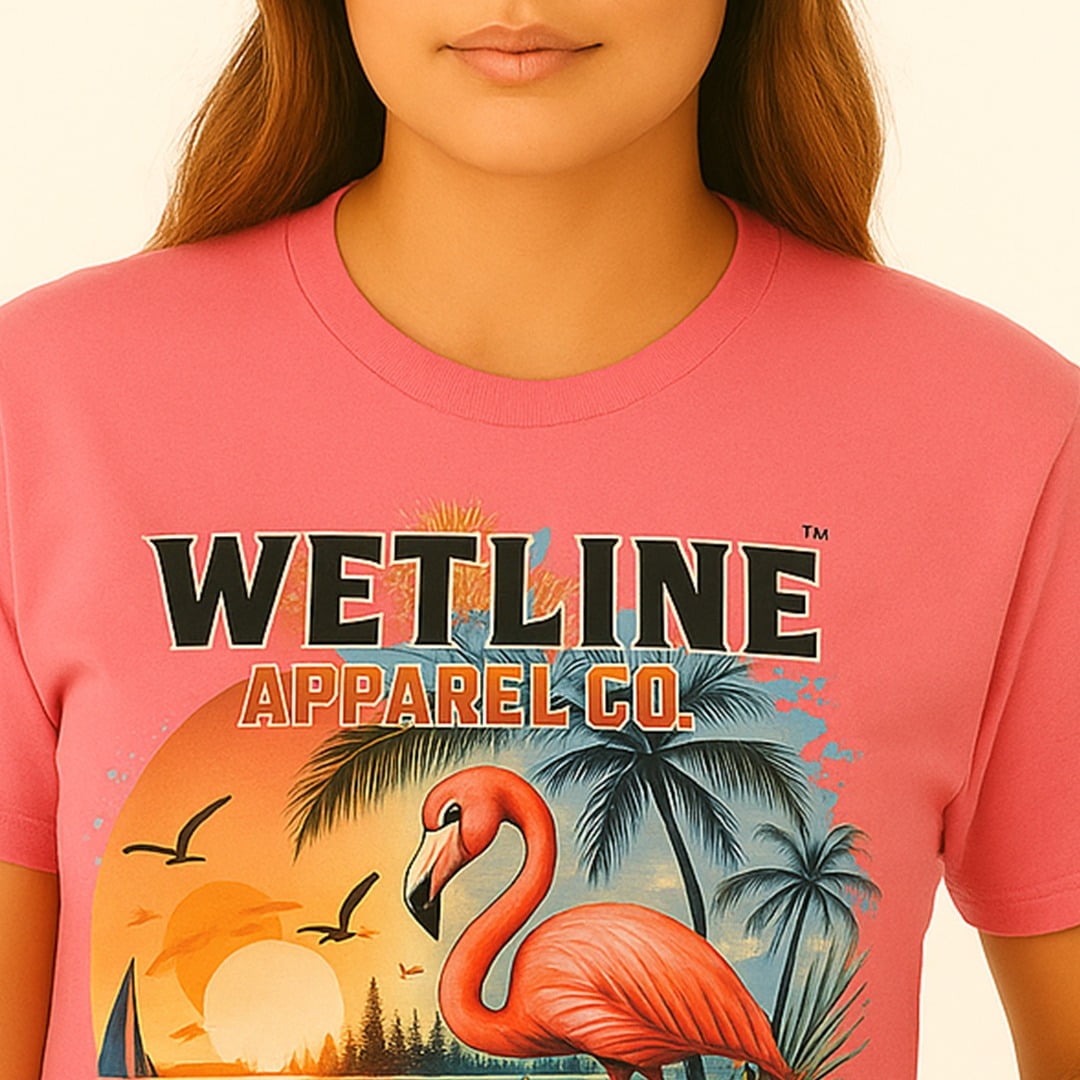 Wetline Apparel Co Bay Flamingo Female's Graphic T-Shirt, Fishing Wear Heavy Cotton Short Sleeves Tee, S-5XL