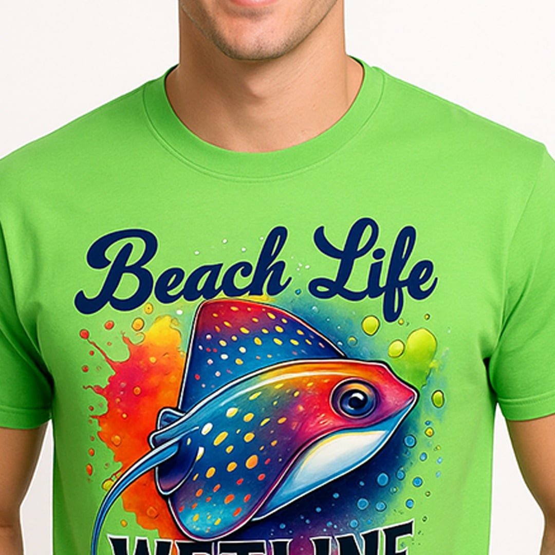 Wetline Apparel Co Beach Life Stingray Men's Graphic T-Shirt, Fishing Wear Heavy Cotton Short Sleeves Tee, S-5XL