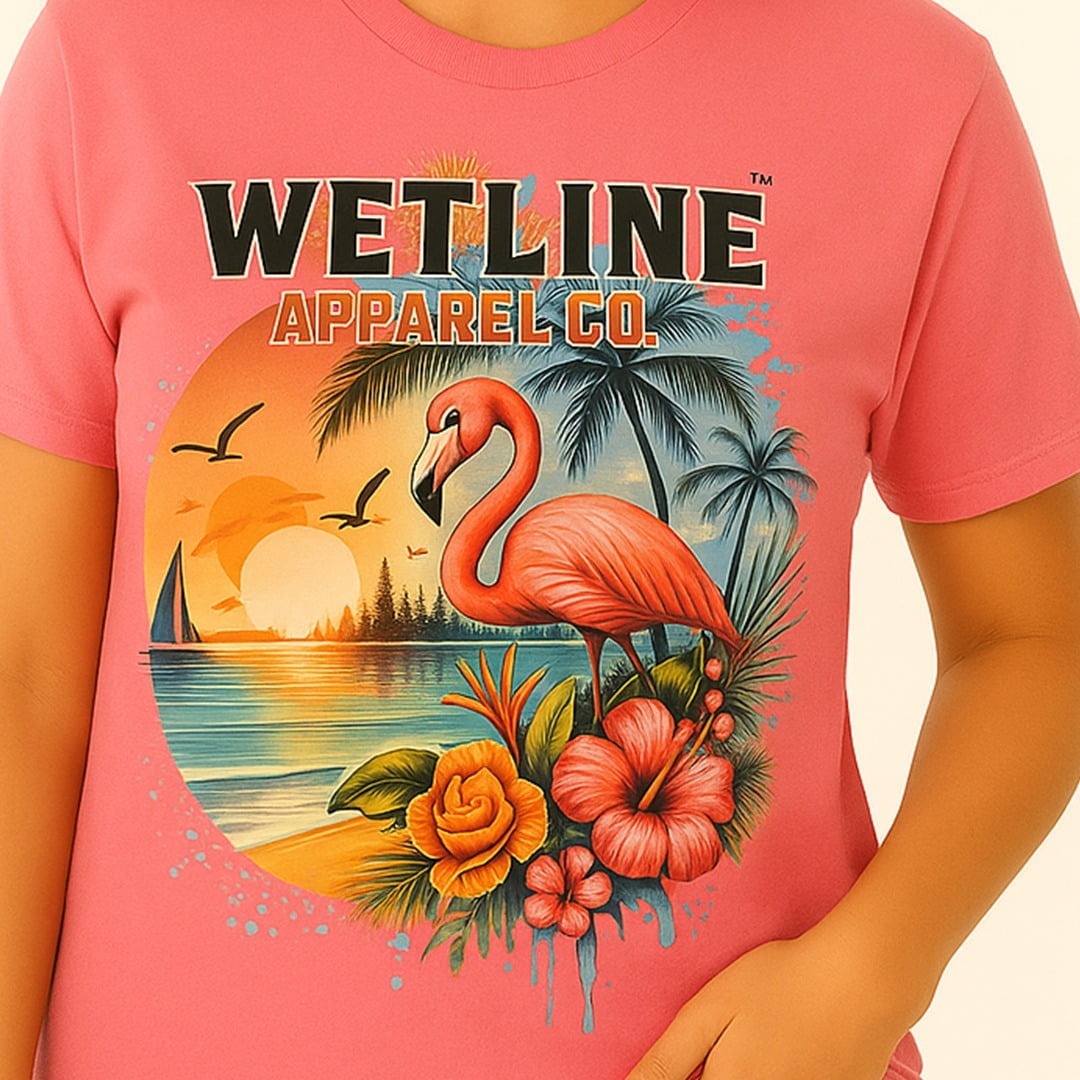 Wetline Apparel Co Bay Flamingo Female's Graphic T-Shirt, Fishing Wear Heavy Cotton Short Sleeves Tee, S-5XL