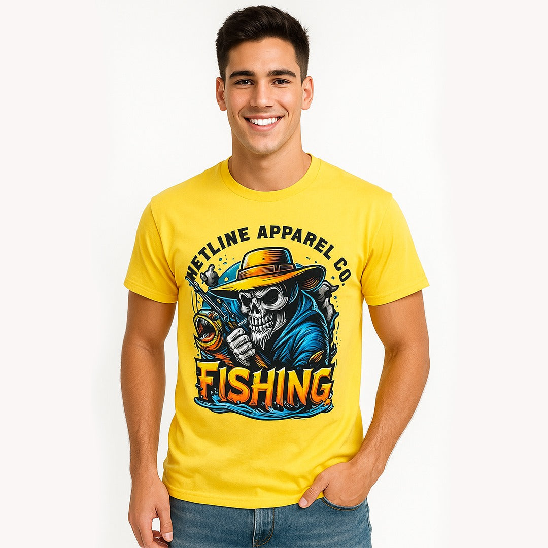 Wetline Apparel Co Skull Fishing Male's Graphic T-Shirt, Fishing Wear Heavy Cotton Short Sleeves Tee, S-5XL