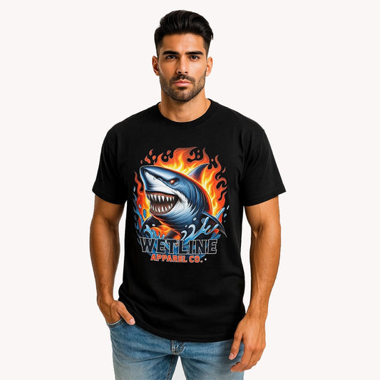 Wetline Apparel Co Shark on Fire Male's Graphic T-Shirt, Fishing Wear Heavy Cotton Short Sleeves Tee, S-5XL