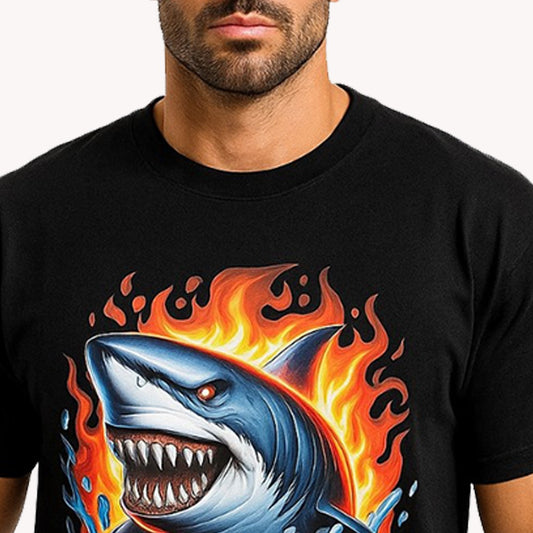 Wetline Apparel Co Shark on Fire Male's Graphic T-Shirt, Fishing Wear Heavy Cotton Short Sleeves Tee, S-5XL