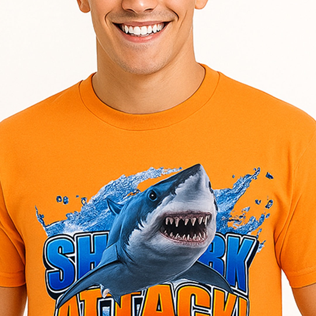 Wetline Apparel Co Shark Attack Male's Graphic T-Shirt, Fishing Wear Heavy Cotton Short Sleeves Tee, S-5XL