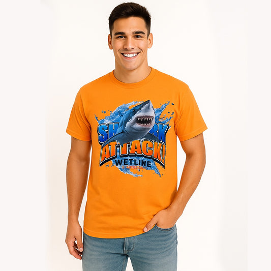 Wetline Apparel Co Shark Attack Male's Graphic T-Shirt, Fishing Wear Heavy Cotton Short Sleeves Tee, S-5XL