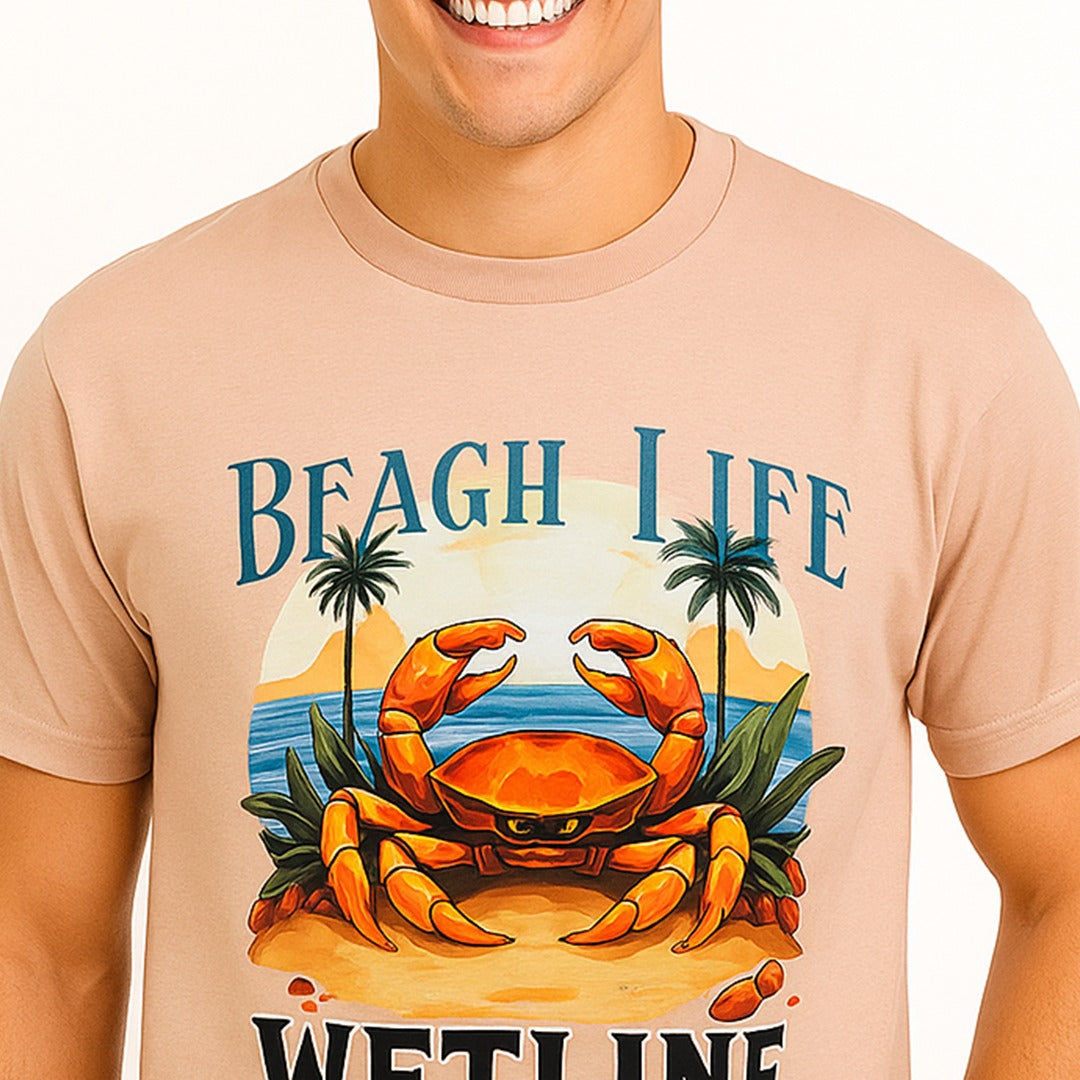 Wetline Apparel Co Beach Crab Men's Graphic T-Shirt, Fishing Wear Heavy Cotton Short Sleeves Tee, S-5XL