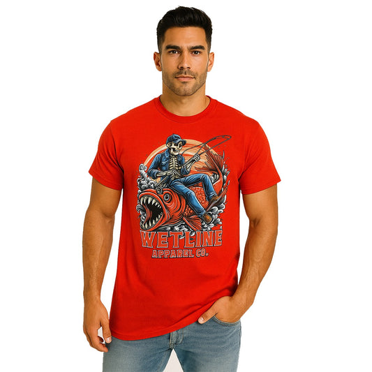 Wetline Apparel Co Red Fish & Skeleton Male's Graphic T-Shirt, Fishing Wear Heavy Cotton Short Sleeves Tee, S-5XL
