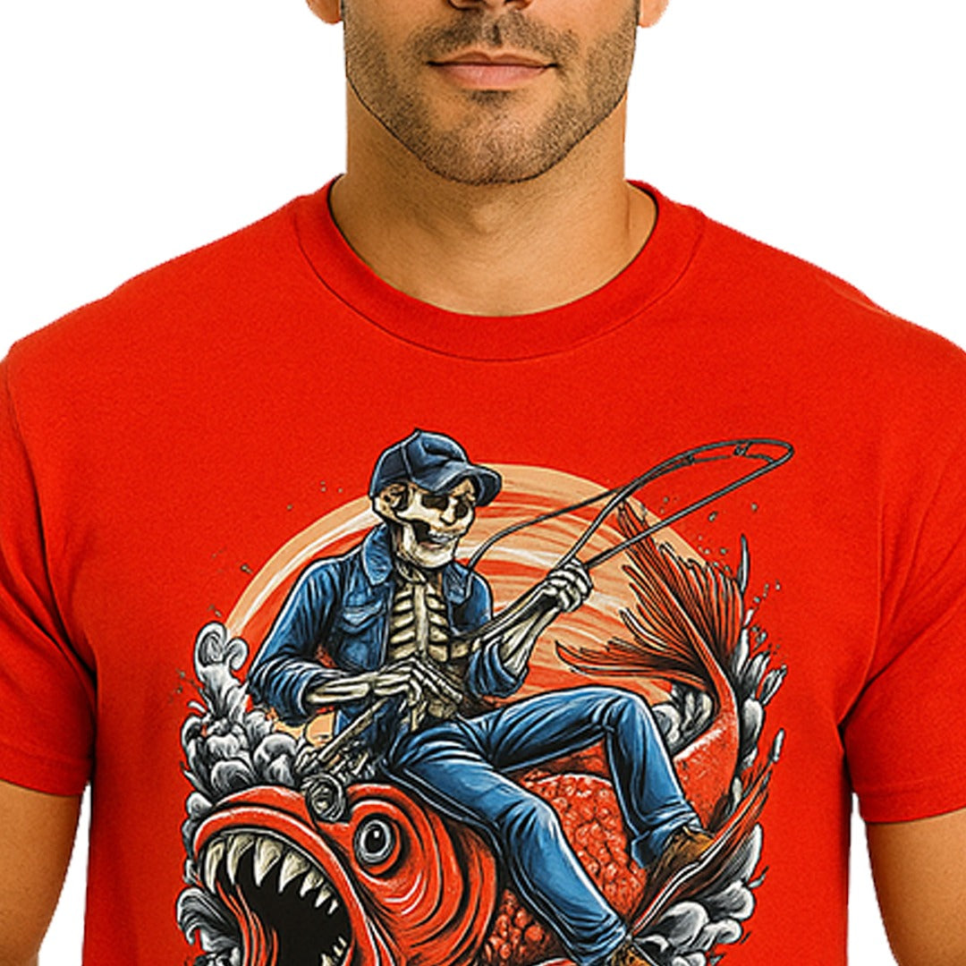 Wetline Apparel Co Red Fish & Skeleton Male's Graphic T-Shirt, Fishing Wear Heavy Cotton Short Sleeves Tee, S-5XL