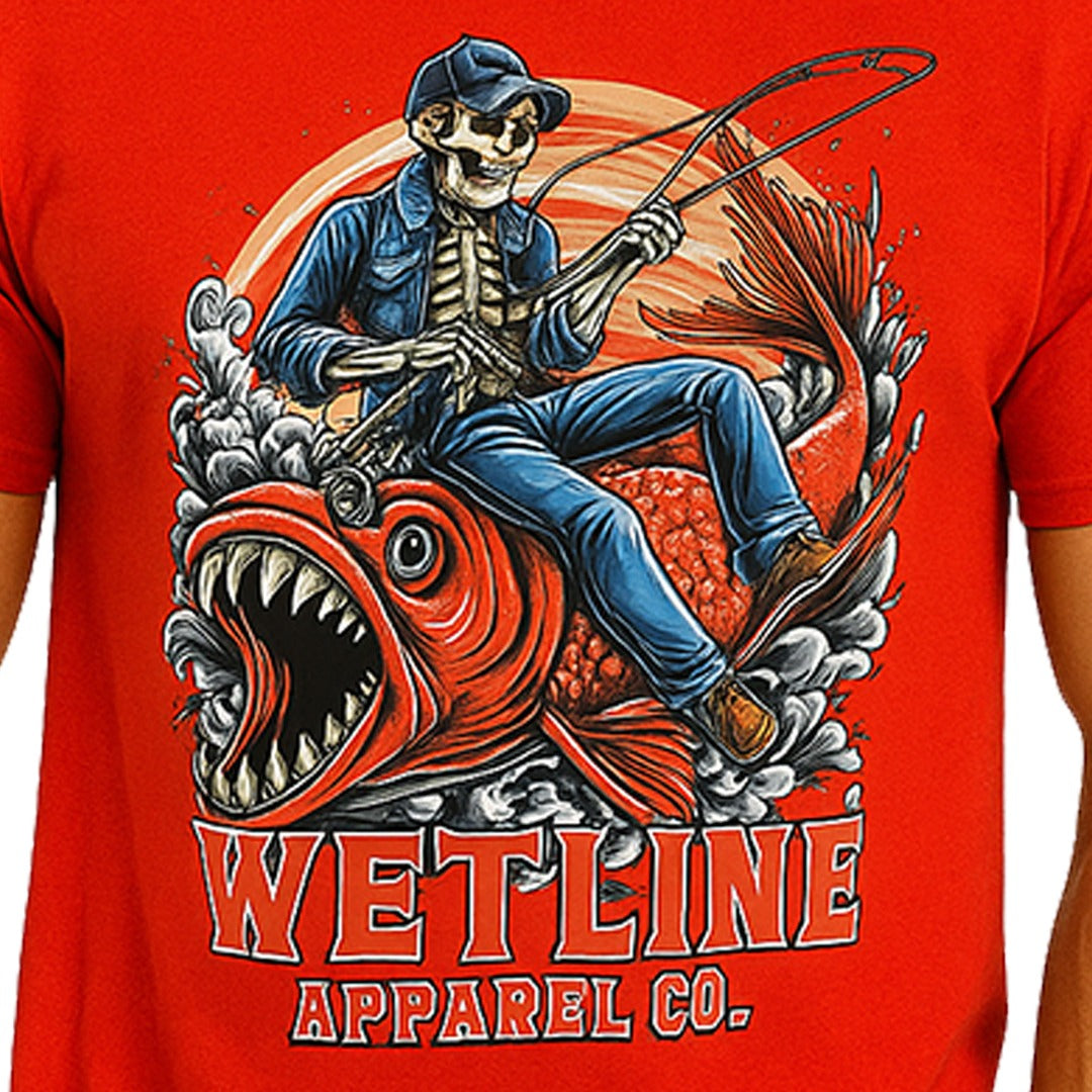 Wetline Apparel Co Red Fish & Skeleton Male's Graphic T-Shirt, Fishing Wear Heavy Cotton Short Sleeves Tee, S-5XL