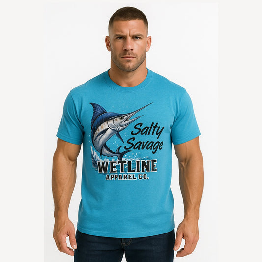 Wetline Apparel Co Salty Savage Sailfish Male's Graphic T-Shirt, Fishing Wear Heavy Cotton Short Sleeves Tee, S-5XL