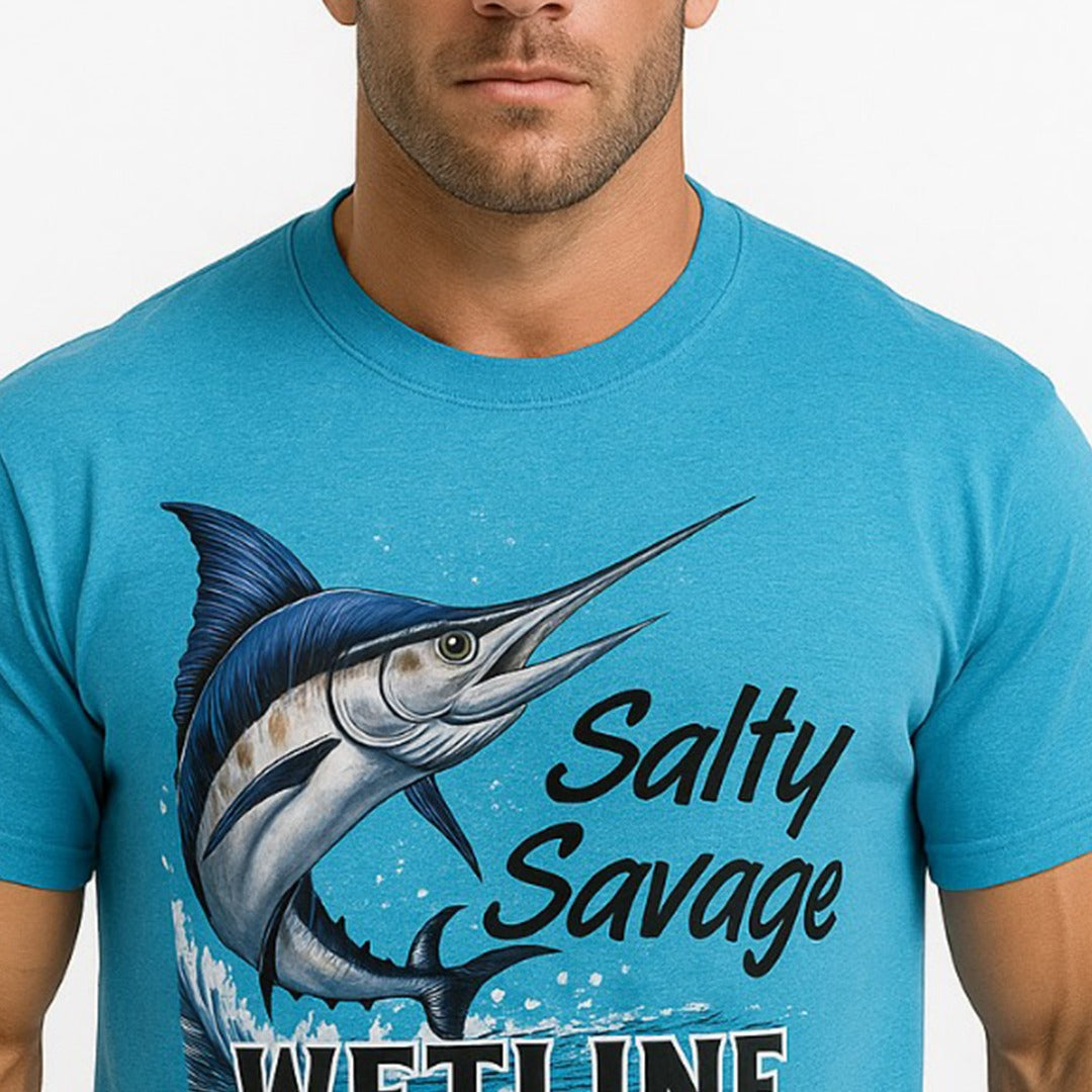 Wetline Apparel Co Salty Savage Sailfish Male's Graphic T-Shirt, Fishing Wear Heavy Cotton Short Sleeves Tee, S-5XL