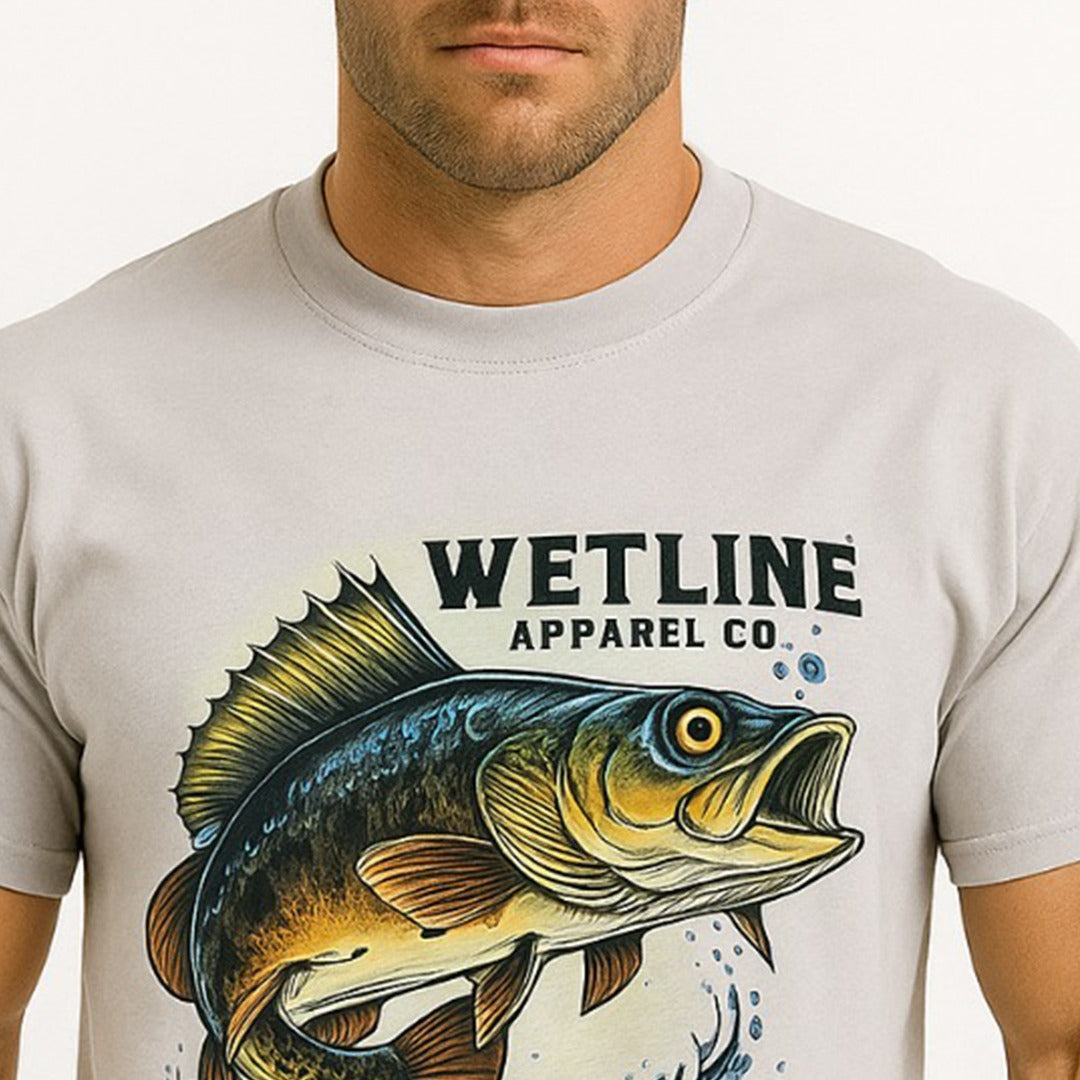 Wetline Apparel Co Green Bass & Grass Male's Graphic T-Shirt, Fishing Wear Heavy Cotton Short Sleeves Tee, S-5XL