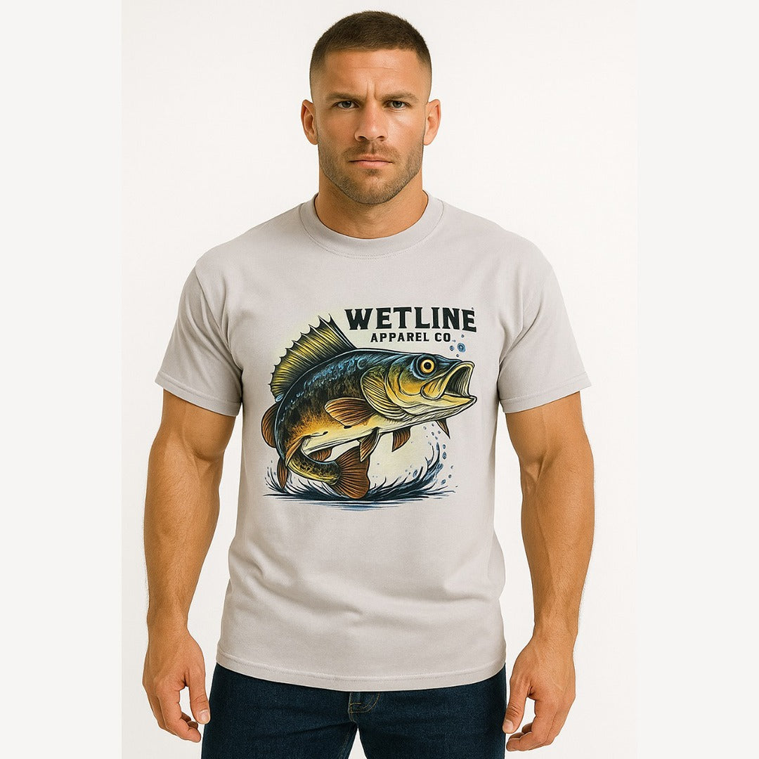 Wetline Apparel Co Green Bass & Grass Male's Graphic T-Shirt, Fishing Wear Heavy Cotton Short Sleeves Tee, S-5XL
