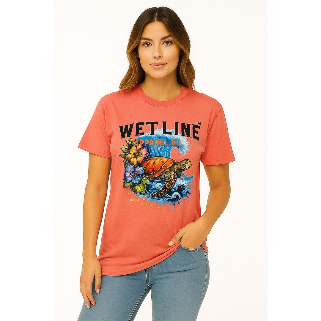 Wetline Apparel Co Surfing Turtle Female's Graphic T-Shirt, Fishing Wear Heavy Cotton Short Sleeves Tee, S-5XL