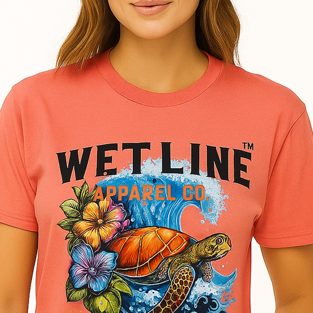 Wetline Apparel Co Surfing Turtle Female's Graphic T-Shirt, Fishing Wear Heavy Cotton Short Sleeves Tee, S-5XL