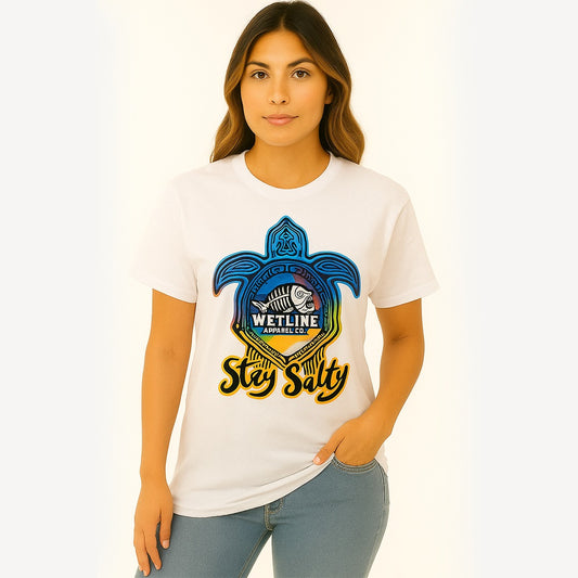 Wetline Apparel Co Stay Salty Turtle Female's Graphic T-Shirt, Fishing Wear Heavy Cotton Short Sleeves Tee, S-5XL