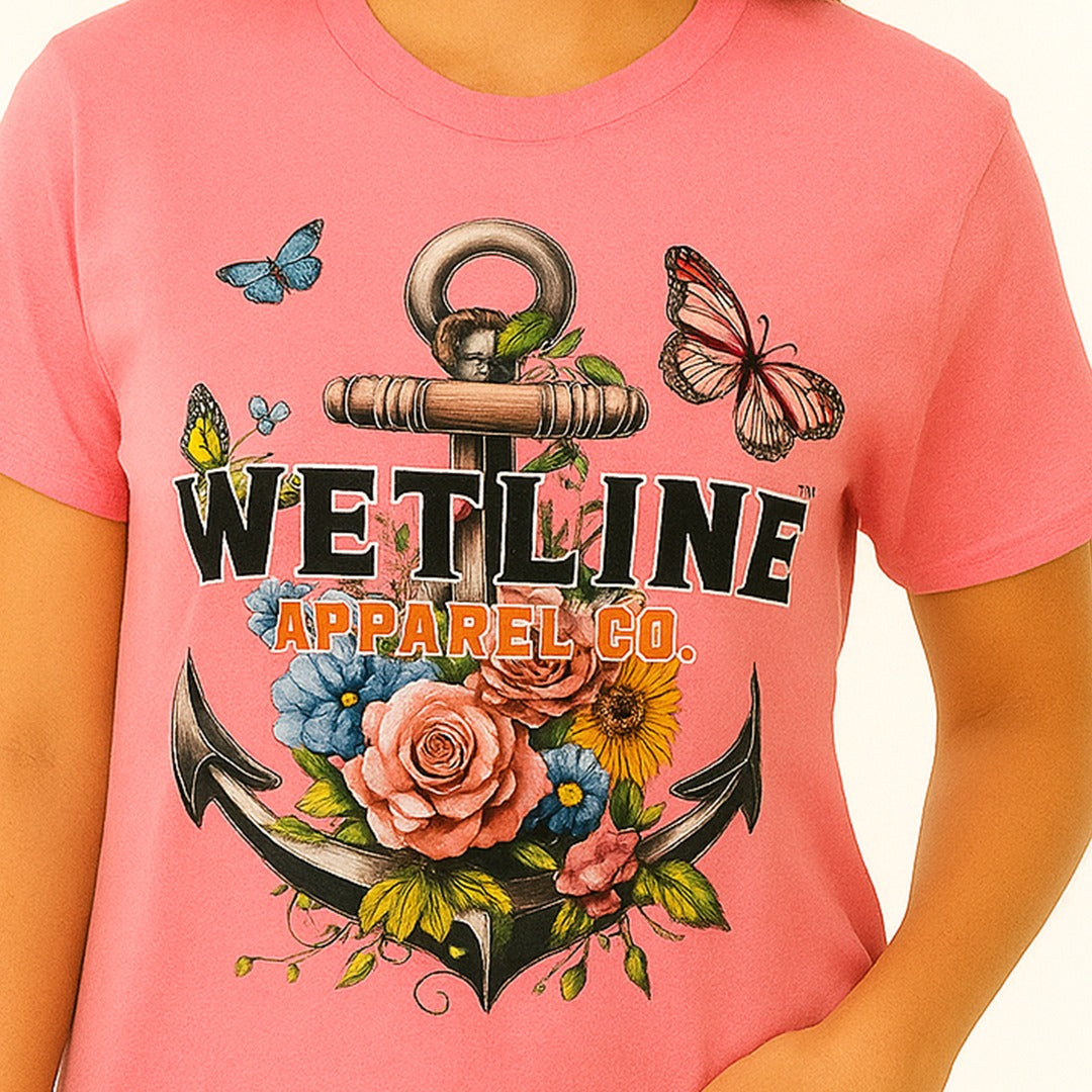 Wetline Apparel Co Flower Anchor Female's Graphic T-Shirt, Fishing Wear Heavy Cotton Short Sleeves Tee, S-5XL