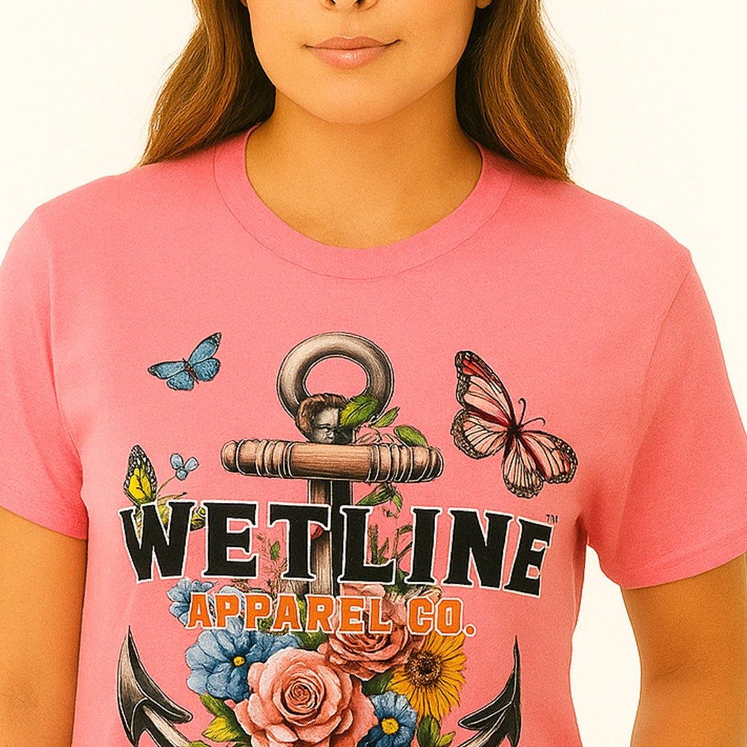 Wetline Apparel Co Flower Anchor Female's Graphic T-Shirt, Fishing Wear Heavy Cotton Short Sleeves Tee, S-5XL
