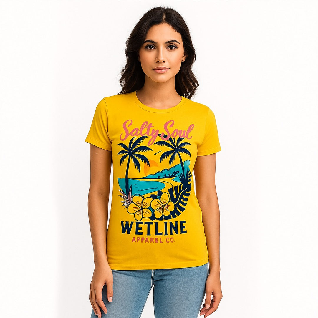 Wetline Apparel Co Salty Soul Palm Tree Female's Graphic T-Shirt, Fishing Wear Heavy Cotton Short Sleeves Tee, S-5XL