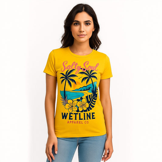 Wetline Apparel Co Salty Soul Palm Tree Female's Graphic T-Shirt, Fishing Wear Heavy Cotton Short Sleeves Tee, S-5XL