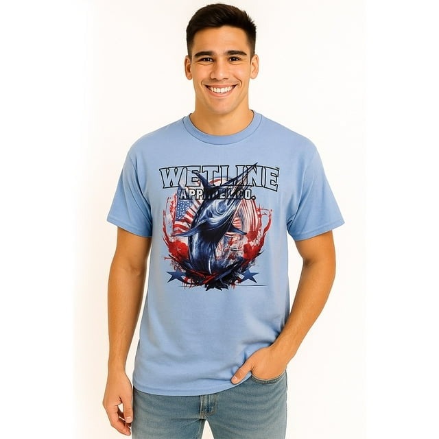 Wetline Apparel Co American Sword Fish Men's Graphic T-Shirt, Fishing Wear Heavy Cotton Short Sleeves Tee, S-5XL