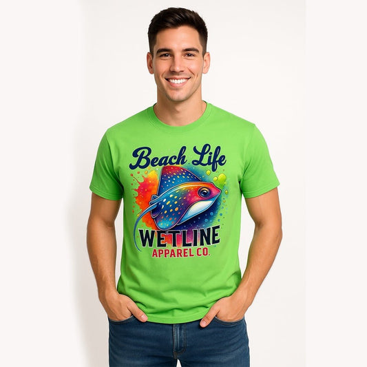 Wetline Apparel Co Beach Life Stingray Men's Graphic T-Shirt, Fishing Wear Heavy Cotton Short Sleeves Tee, S-5XL