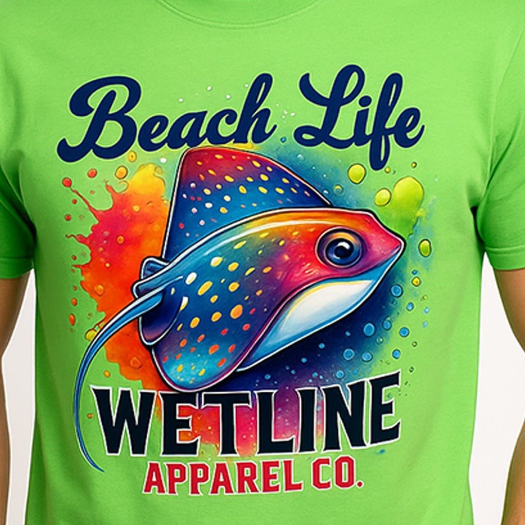 Wetline Apparel Co Beach Life Stingray Men's Graphic T-Shirt, Fishing Wear Heavy Cotton Short Sleeves Tee, S-5XL